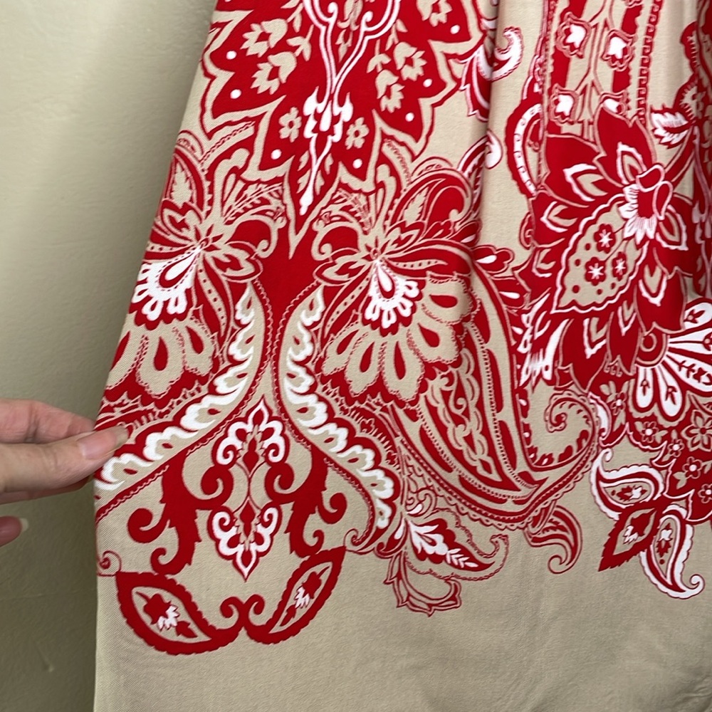 LIZ CLAIBORNE Skirt Red & Tan Paisley Paper Bag Waist Attached Belt Rayon - Picture 7 of 11